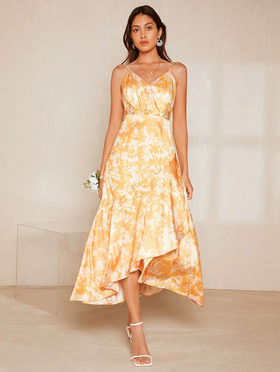 SHEIN Belle Floral Print Ruffle Hem Cami Bridesmaid Dress - Multicolor - View 1