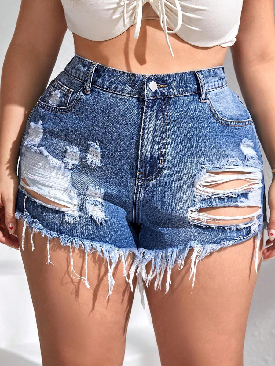 SHEIN Essnce Shorts mezclilla desgarro bajo crudo - Azul lavado medio - Ver 1