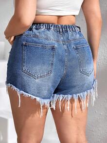 SHEIN Essnce Shorts mezclilla desgarro bajo crudo - Azul lavado medio - Ver 2