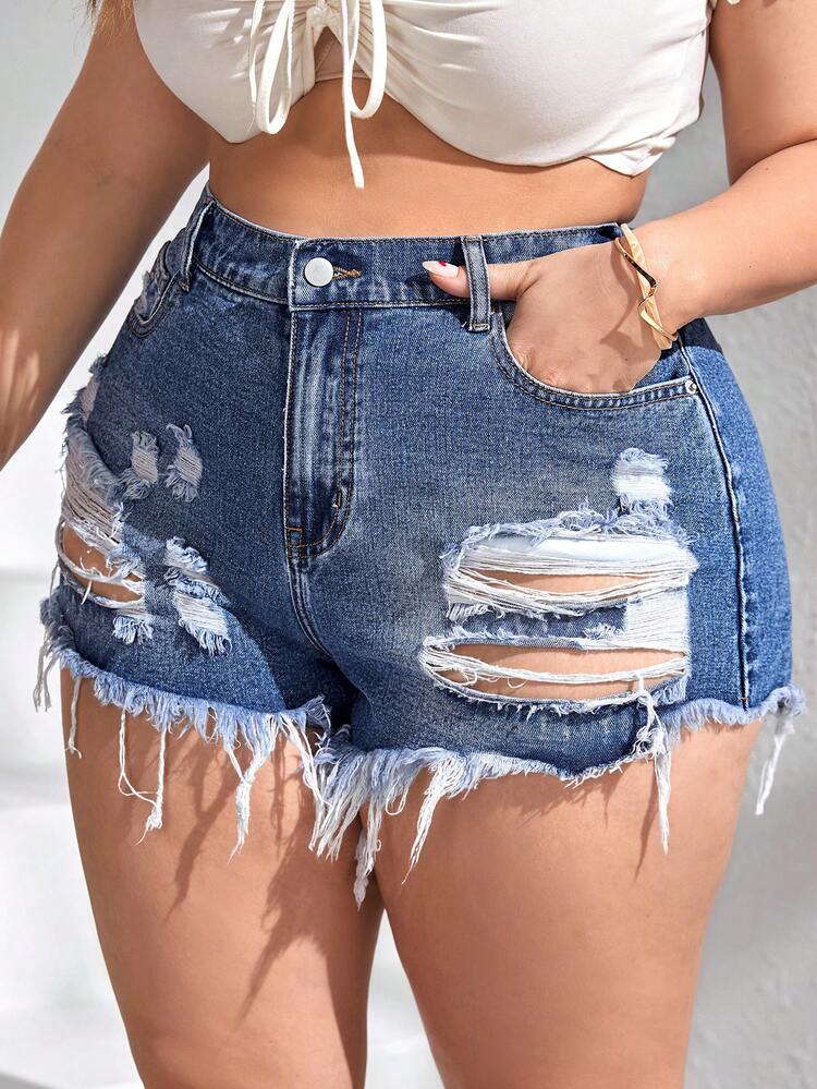SHEIN Essnce Plus Ripped Raw Hem Denim Shorts - Medium Wash - View 3