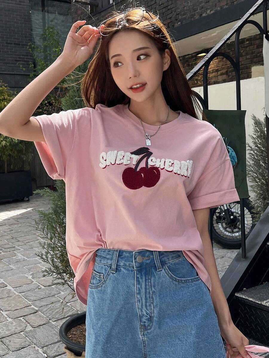 DAZY Cherry & Letter Graphic Drop Shoulder Tee - Pink - View 1