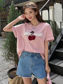DAZY Cherry & Letter Graphic Drop Shoulder Tee - Pink - View 6