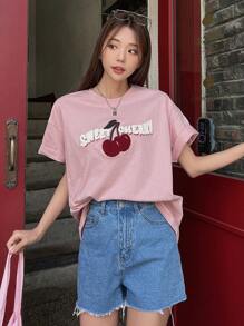 DAZY Cherry & Letter Graphic Drop Shoulder Tee - Pink - View 7