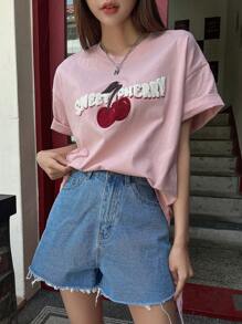 DAZY Cherry & Letter Graphic Drop Shoulder Tee - Pink - View 8