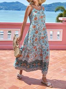 SHEIN VCAY Vestido de tirantes con estampado floral bajo con fruncido - Azul - Ver 2