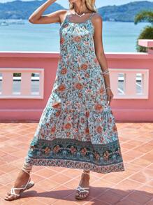 SHEIN VCAY Vestido de tirantes con estampado floral bajo con fruncido - Azul - Ver 3