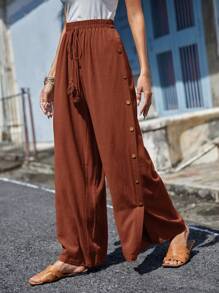 SHEIN LUNE 紐扣細節腰上打結闊腿褲 - 咖啡棕 - 查看 1
