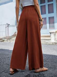 SHEIN LUNE 紐扣細節腰上打結闊腿褲 - 咖啡棕 - 查看 2