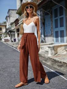 SHEIN LUNE 紐扣細節腰上打結闊腿褲 - 咖啡棕 - 查看 4