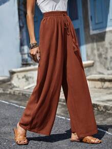 SHEIN LUNE 紐扣細節腰上打結闊腿褲 - 咖啡棕 - 查看 5