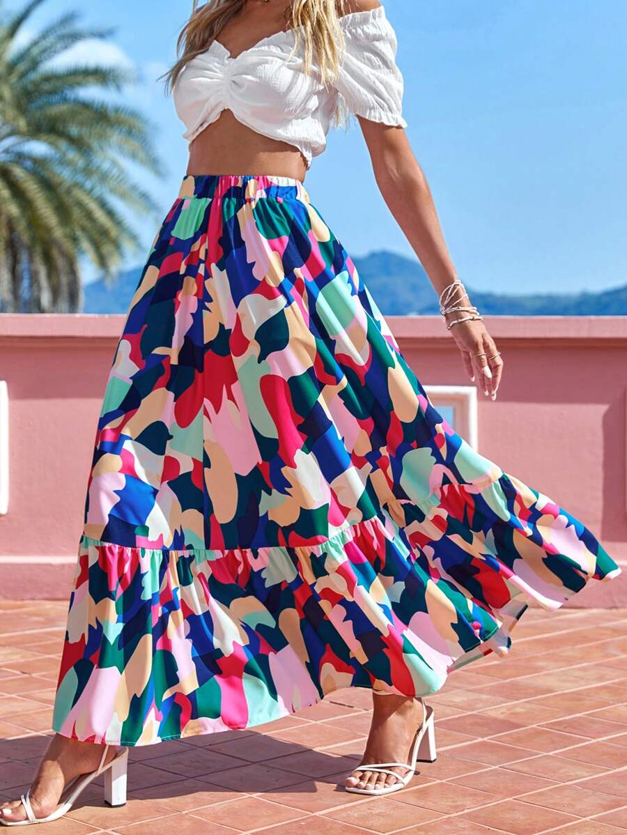 Breezaya Allover Print Ruffle Hem Skirt - Multicolor - View 1