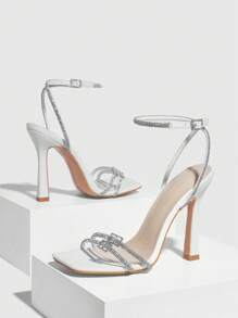 CUCCOO SZL 女鞋鑽石裝飾高跟華麗白色戶外踝帶涼鞋，適合春夏假期穿著，夏季促銷 - 白色 - 查看 4