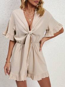 SHEIN VCAY 荷葉袖前打結荷葉邊連身短褲 - 卡其色 - 查看 1