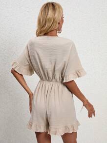 SHEIN VCAY 荷葉袖前打結荷葉邊連身短褲 - 卡其色 - 查看 2