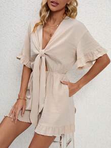 SHEIN VCAY 荷葉袖前打結荷葉邊連身短褲 - 卡其色 - 查看 3