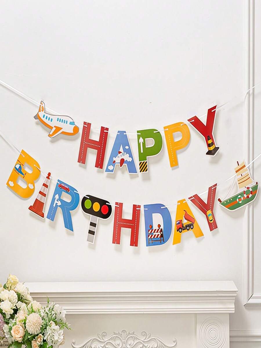 1pc Paper Pull Flag, Cute Plane & Letter Decor Hanging Flag For Party - Multicolor - View 1