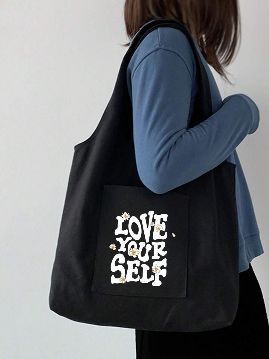 Letter Print Canvas Shopper Bag Casual School Bag For Graduate, Teen