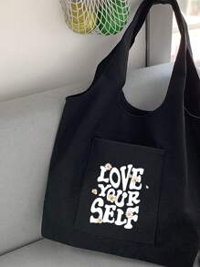 字母印花帆布購物袋休閒書包適合畢業生、青少年女孩、新生、大二、大三和大四學生、大學和高中，非常適合戶外、旅行和返校 - 黑色 - 查看 4