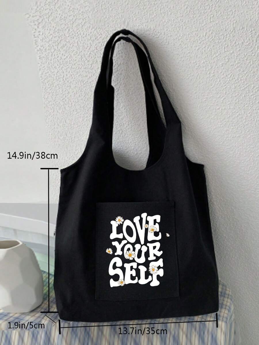 Letter Print Canvas Shopper Bag Casual School Bag For Graduate, Teen