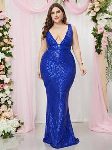 大碼深V領亮片正式洋裝 - 藍色 - 查看 3