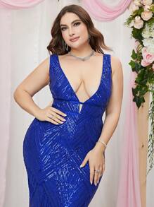 大碼深V領亮片正式洋裝 - 藍色 - 查看 6