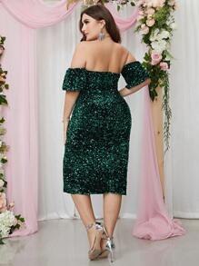 大碼一字肩高衩亮片洋裝 - 綠色 - 查看 2