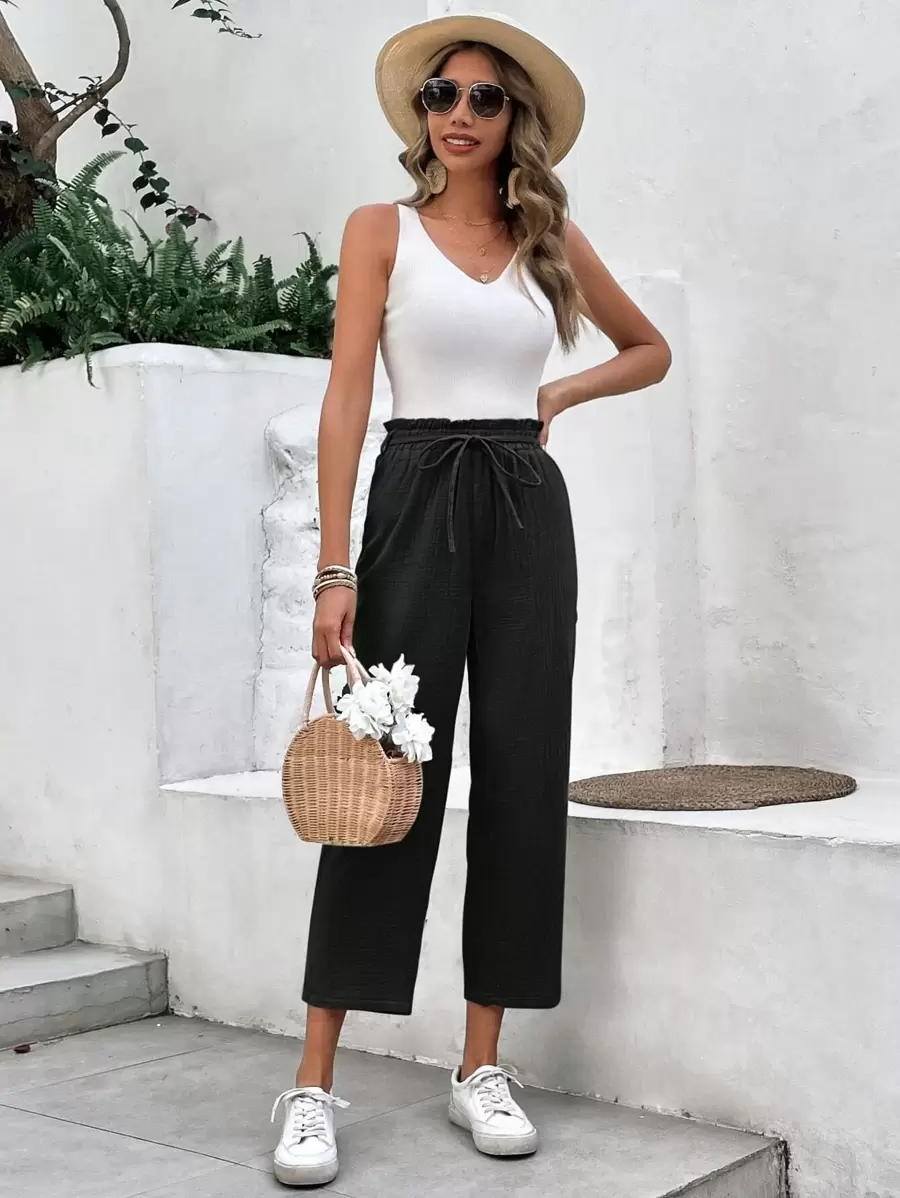 SHEIN Frenchy Solid Earthy Clothes Drawstring Waist Cropped Pants Winter Black Casual - Black - View 1