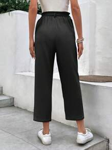 SHEIN Frenchy Solid Earthy Clothes Drawstring Waist Cropped Pants Winter Black Casual - Black - View 2
