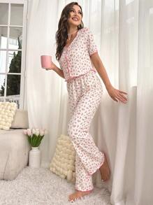 碎花撞色滾邊睡衣套裝 - 白色 - 查看 6