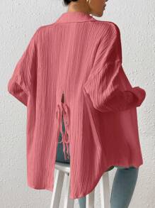 SHEIN Frenchy 開叉後綁帶落肩袖襯衫 - 粉色 - 查看 3