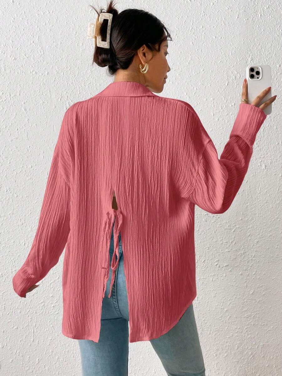 SHEIN Frenchy 開叉後綁帶落肩袖襯衫 - 粉色 - 查看 1