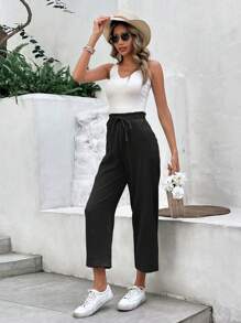 SHEIN Frenchy Solid Earthy Clothes Drawstring Waist Cropped Pants Winter Black Casual - Black - View 5