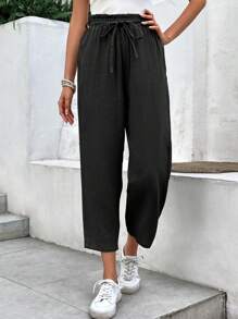 SHEIN Frenchy Solid Earthy Clothes Drawstring Waist Cropped Pants Winter Black Casual - Black - View 6