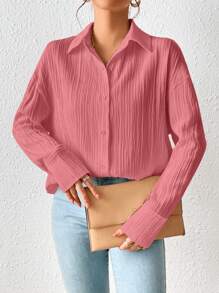 SHEIN Frenchy 開叉後綁帶落肩袖襯衫 - 粉色 - 查看 2