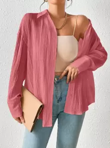 SHEIN Frenchy 開叉後綁帶落肩袖襯衫 - 粉色 - 查看 6