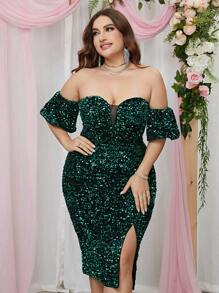 大碼一字肩高衩亮片洋裝 - 綠色 - 查看 4