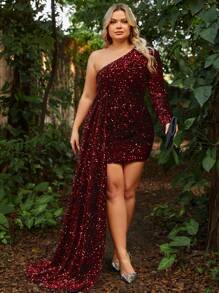 大碼單肩垂墜亮片正式連衣裙 - 紅色 - 查看 1