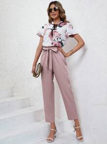 SHEIN Frenchy Floral Print Tie Neck Blouse & Belted Pants Summer Vacation Flower Pink Pink Casual - Pink - View 4
