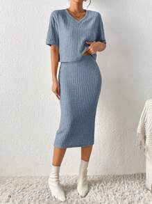 SHEIN Frenchy Bộ đồ hai mảnh nữ Gân đan màu trơn Thanh lịch - Màu xanh nhạt - Xem 3