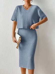 SHEIN Frenchy Bộ đồ hai mảnh nữ Gân đan màu trơn Thanh lịch - Màu xanh nhạt - Xem 5
