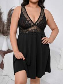 Plus Contrast Lace Nightdress - Black - View 3