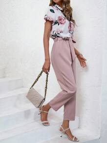 SHEIN Frenchy Floral Print Tie Neck Blouse & Belted Pants Summer Vacation Flower Pink Pink Casual - Pink - View 6