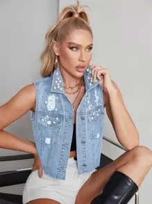 破洞毛邊牛仔夾克背心 - 淺色水洗藍 - 查看 1