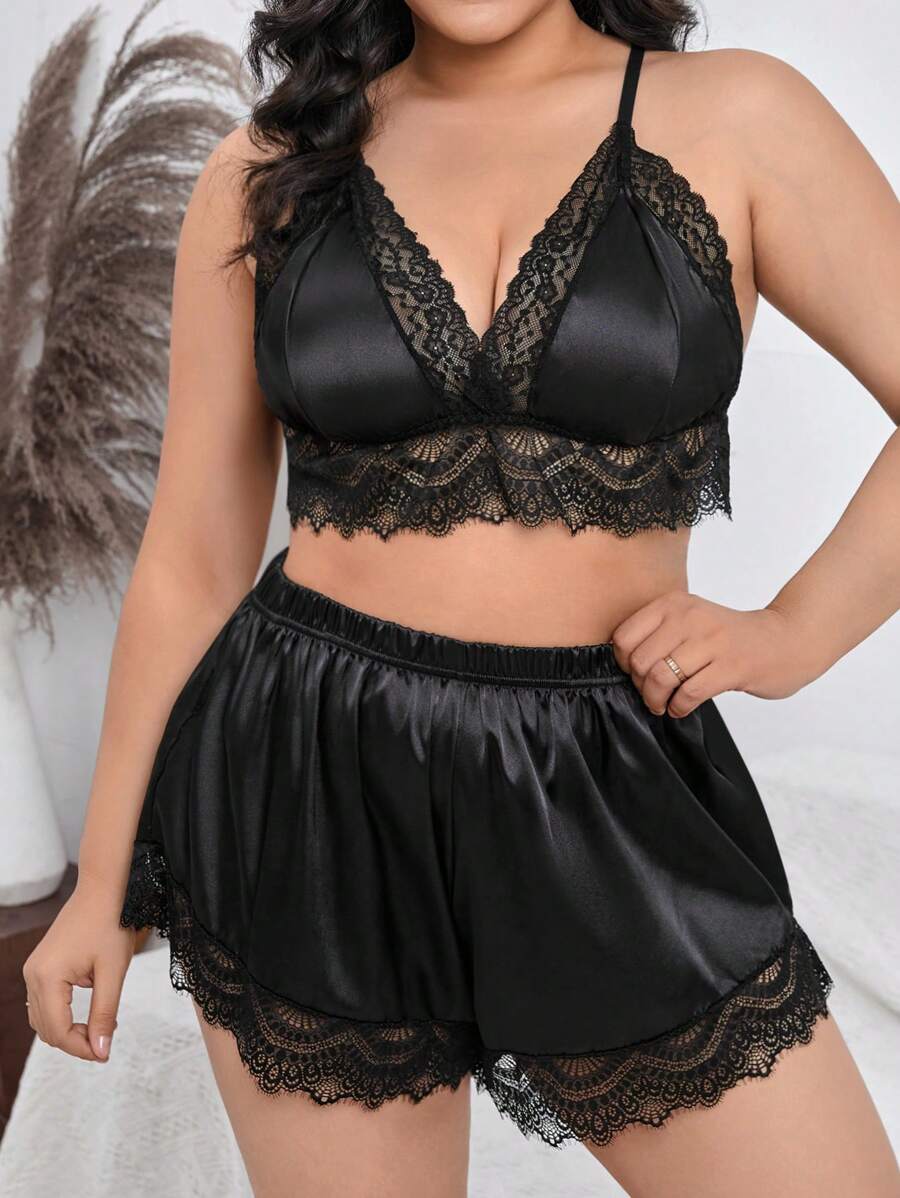 Plus Contrast Lace Cami Top & Shorts PJ Set - Black - View 1