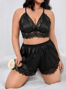 Plus Contrast Lace Cami Top & Shorts PJ Set - Black - View 5