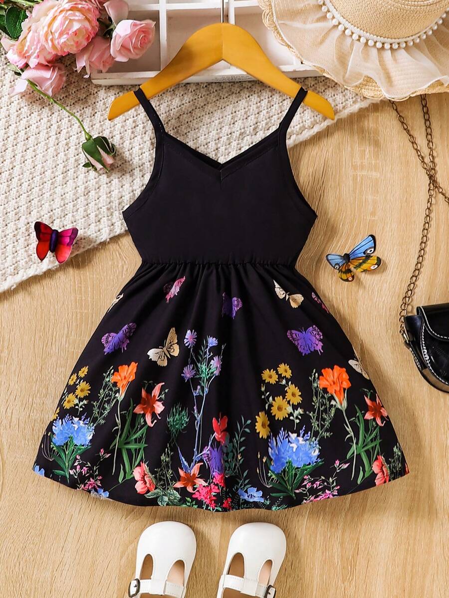 Baby Girls Infant Floral, Daisy, Butterfly Print Sweet Casual Sleeveless Cami Dress, Suitable For Party, Birthday, Photo Shooting, Holiday, Outdoor Activities In Spring/Summer - Black - View 1