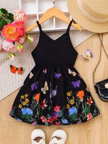 Baby Girls Infant Floral, Daisy, Butterfly Print Sweet Casual Sleeveless Cami Dress, Suitable For Party, Birthday, Photo Shooting, Holiday, Outdoor Activities In Spring/Summer - Black - View 2