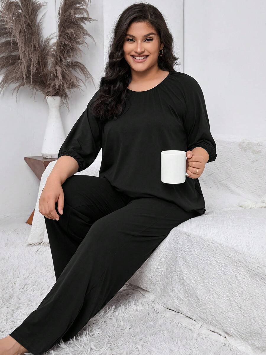 Conjunto de pijama unicolor de manga raglán