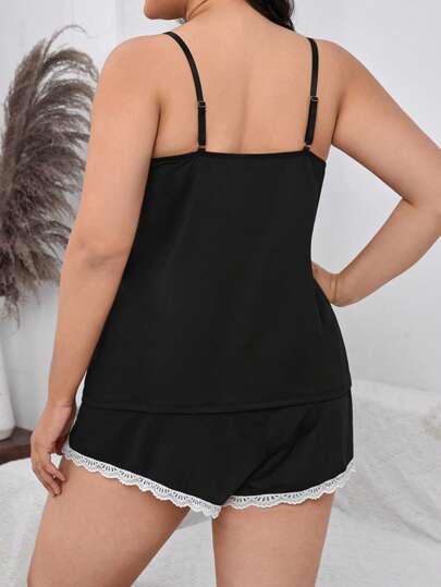 Plus Contrast Lace Cami Top & Shorts PJ Set