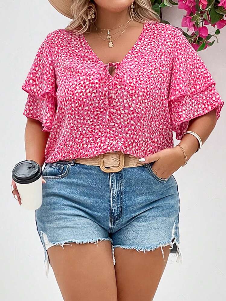 SHEIN LUNE Blouse à imprimé à nœud manches papillon - Rose bonbon - Voir 1